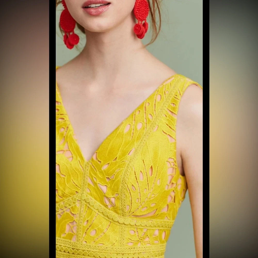 MAEVE Anthropologie Gardenia Lace Overlay Dress Sleeveless Column V Yellow 2 - Picture 3 of 12